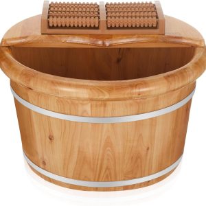 10.24 Inch Tall Wooden Foot Bath Bucket with Massage Roller and Lid, Thick Insulated Wooden Foot Basin for Relaxation, Massage Soles, Suitable for Families, Athletes and Elderly
