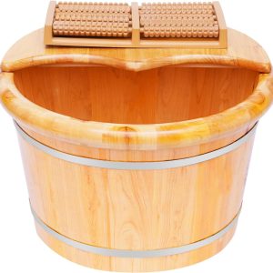 9.84In Tall Foot Basin Wooden Bucket with Lid and Massage Roller, Pedicure Barrel for Home Office, Foot Baths Wood Foot Tub Foot Bath Massage Plus Cover for Baths Relaxing, 15.75in*12.2in*9.84in